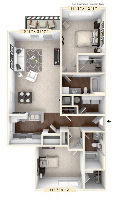 Floor plan for 2 beds, 2 baths, 1094 sqft